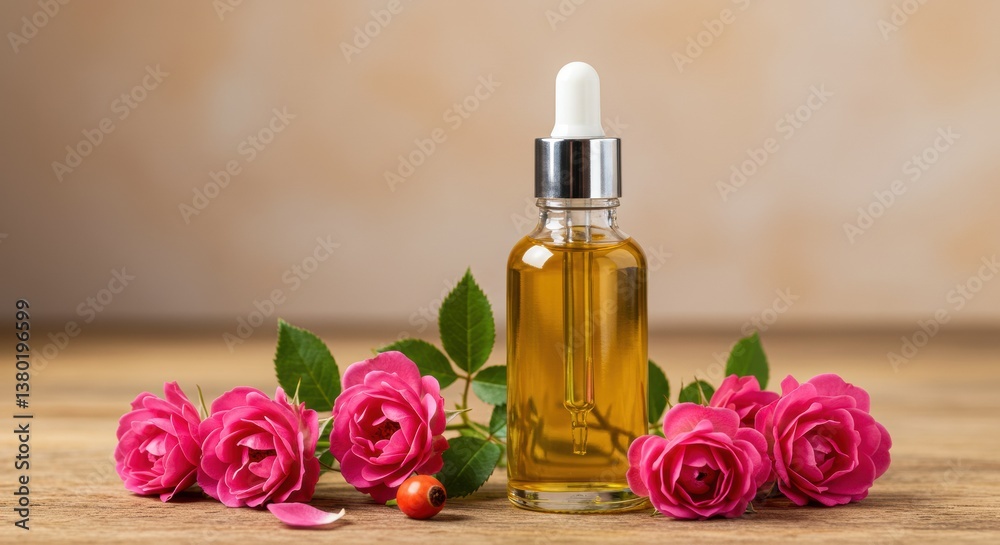Rosehip & Rose Essential Oil: Luxury Skincare Product Still Life Rosehip & Rose Essential Oil: Luxury Skincare Product Still Life