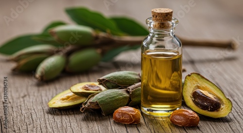 Organic Jojoba Oil with Nuts and Leaves on Rustic Wood