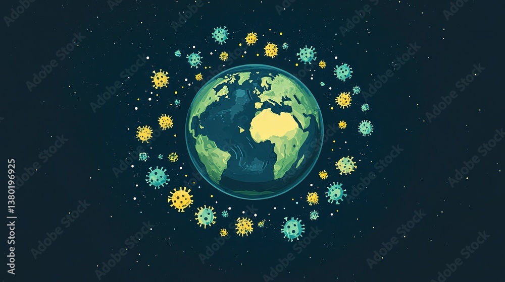 Naklejka premium Globe surrounded by floating virus icons highlights global health challenges and interconnectedness