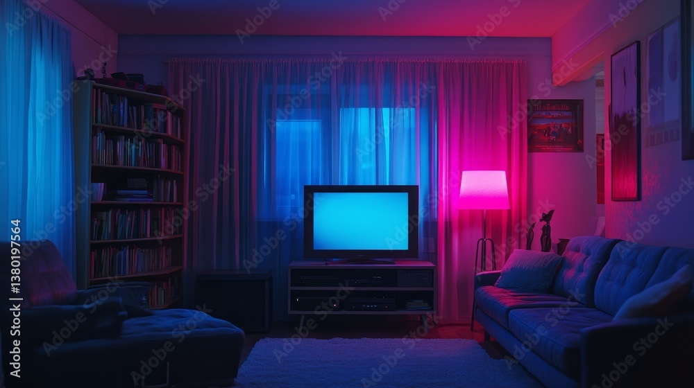 A stylish apartment illuminated by soft neon blue and pink LED lights, featuring a cozy couch, sleek bookshelf, and contemporary TV setup. A stylish apartment illuminated by soft neon blue and pink LED lights, featuring a cozy couch, sleek bookshelf, and contemporary TV setup.