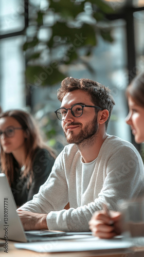 Group of young business people working and communicating at the office, Generative AI