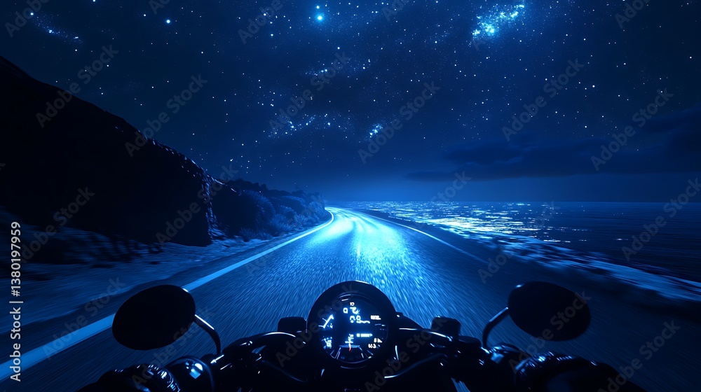 First-person motorcycle ride under moonlight along a quiet coastal road, bioluminescent tide glows faintly below, stars glisten above, calm yet fast night ride.