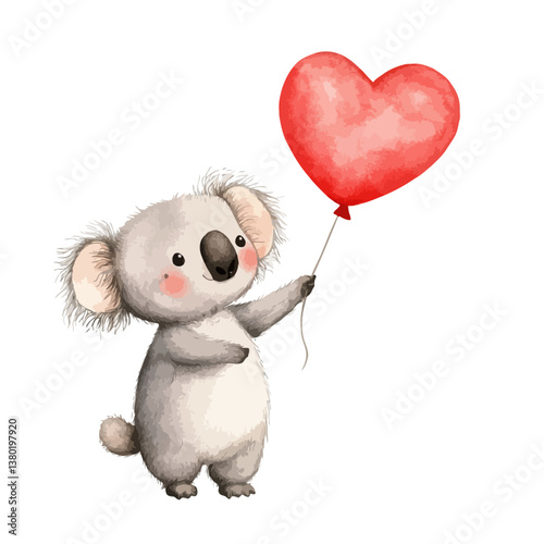 Koala's Love Offering: A charming koala tenderly holds a vibrant heart-shaped balloon, expressing sentiments of affection and warmth