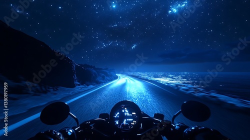 Obraz na płótnie First-person motorcycle ride under moonlight along a quiet coastal road, bioluminescent tide glows faintly below, stars glisten above, calm yet fast night ride. w salonie