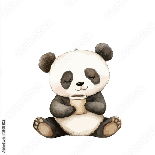 Panda with Beverage: An adorable panda bear sits serenely, cradling a beverage container in its paws, depicting a moment of gentle relaxation and contentment.