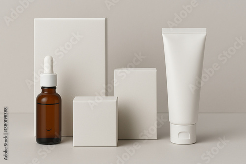 A Minimalistic Packing Mockup Shot of a Dropper Bottle and Packaging against a light grey background