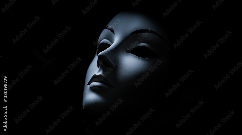 A theatrical mask is illuminated against a dark background