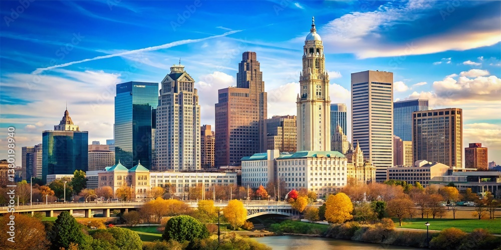 Obraz premium Columbus Ohio Skyline, Panoramic Daytime View, High-Resolution Stock Photo
