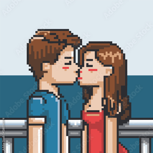 Pixel Art Couple Kissing love Romance vector design