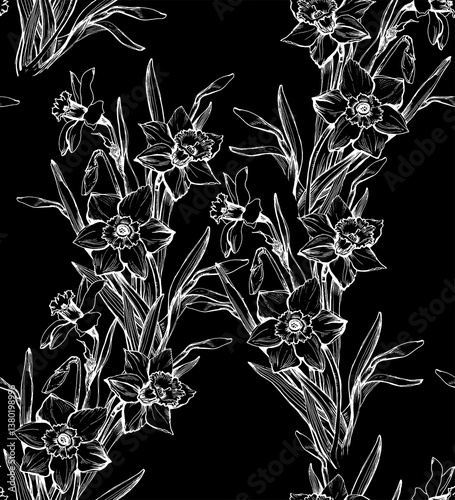 Outline narcissus daffodil flowers with white contour on black background. Modern floral hand drawn seamless pattern with elegant flowers in full bloom for textile, frame ,wallpaper, bedding.