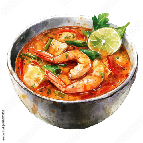 A watercolor vector of a bowl of Tom Yum Goong, isolated on a white background. Tom Yum Goong vector

