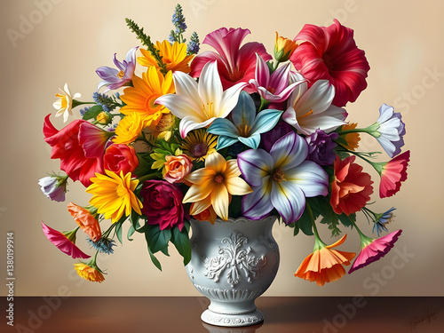 Colourful flower arrangement in a vase. Beautiful floral digital illustration. CG Artwork Background