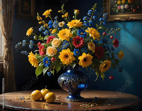 Colourful flower arrangement in a vase. Beautiful floral digital illustration. CG Artwork Background
