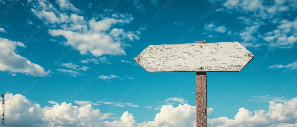 Blank white signpost against a blue sky with a background of white clouds.