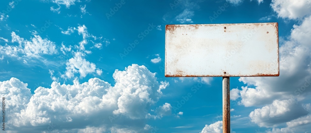 Blank white signpost against a blue sky with a background of white clouds.
