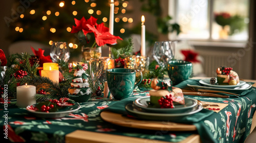 Obraz na płótnie A festive holiday dining table adorned with colorful tableware, greenery, and warm candlelight, inviting guests to celebrate with delicious treats and joyful decorations. w salonie