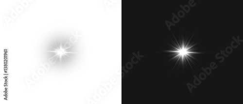 Flash light on black background. Glow Star light sparkle. Vector glow sparkle effect. Abstract lens flare. Flashing lights. Transparent PNG available. Stock royalty free.