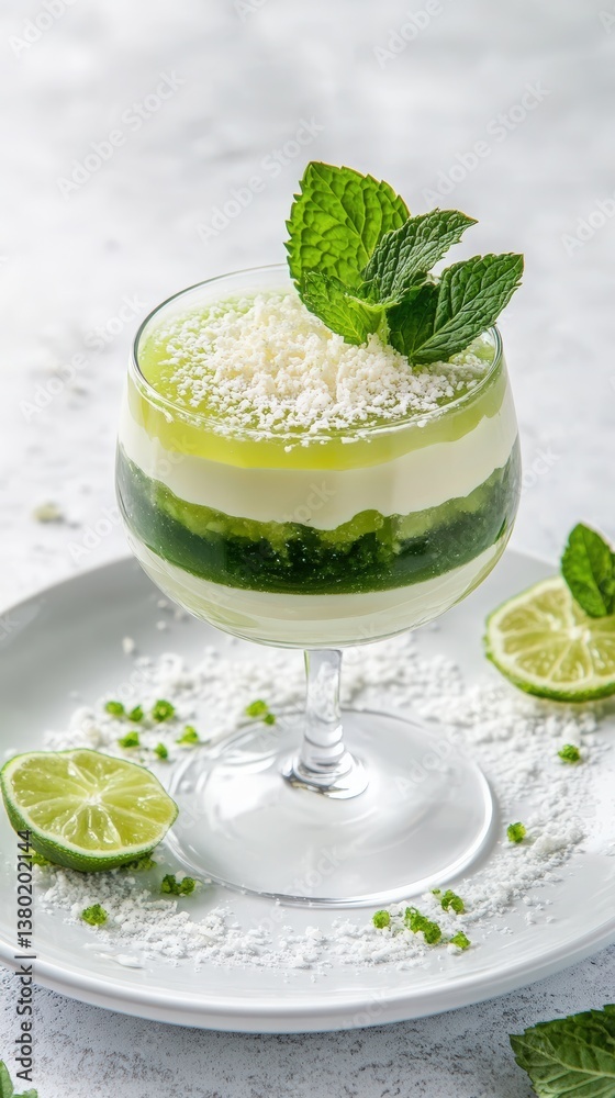 Fototapeta premium Refined Mojito-Inspired Dessert with Lime Jelly, Mint Cream, and White Chocolate in Elevated Glass Cup