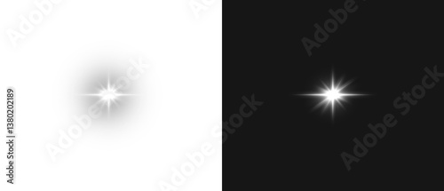 Flash light on black background. Glow Star light sparkle. Vector glow sparkle effect. Abstract lens flare. Flashing lights. Transparent PNG available. Stock royalty free.