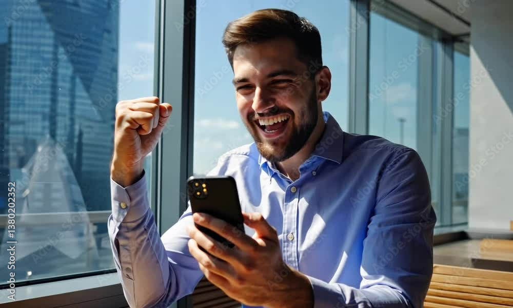 Handsome young businessman holding mobile phone in office with cheerful happy excited mood
