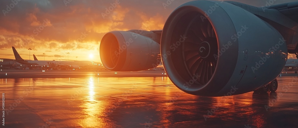 Airplane parts in sunset light. Modern commercial plane engines in close up