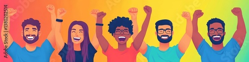 Set of happy emotional diverse people men and women clenching fists, celebrating success on gradient backgrounds, Generative AI