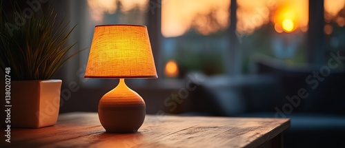 Obraz na płótnie A table lamp is lit up and sitting on a wooden table w salonie