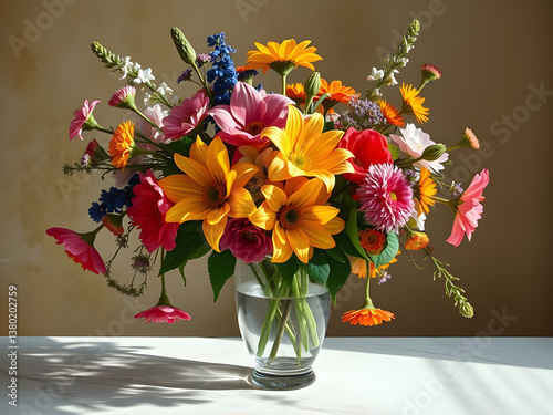 Colourful flower arrangement in a vase. Beautiful floral digital illustration. CG Artwork Background