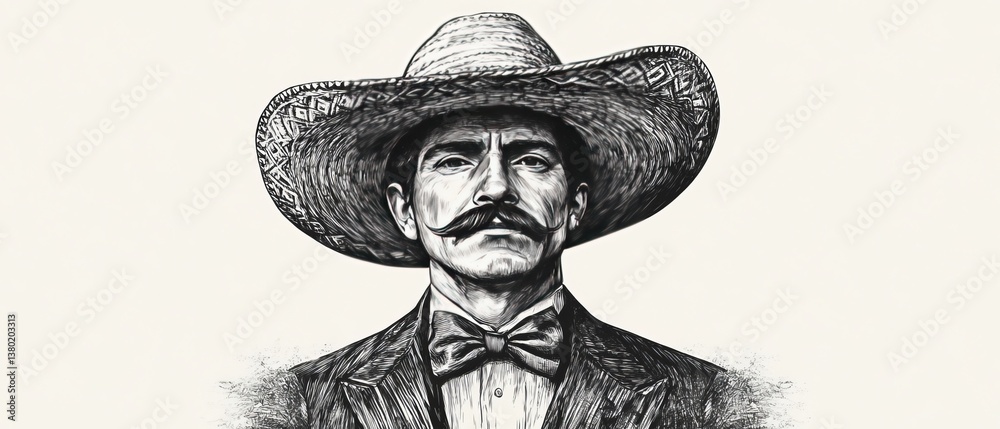 serious man wearing a traditional sombrero and formal suit with a bow tie, showcasing cultural elegance and heritage sketch engraving generative ai vector illustration. Scratch board. Black and white.