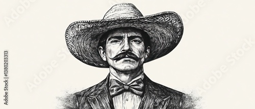 Obraz na płótnie serious man wearing a traditional sombrero and formal suit with a bow tie, showcasing cultural elegance and heritage sketch engraving generative ai vector illustration. Scratch board. Black and white. w salonie