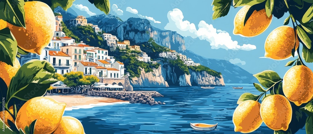Scenes of Sicilia or amalfi. Sticker with lemons and fish. Vintage Italian print, wall art vector travel postcard stamp, summer engraving emblem, placard or poster. Retro frame border element design.