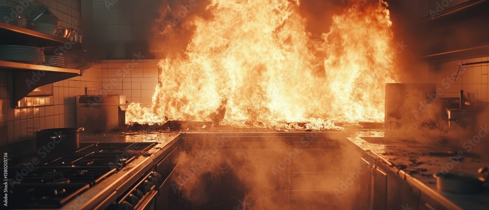 Professional restaurant kitchen fire. Flames rise from stove, smoke fills room. Food service industry faces work accident, safety hazard, insurance claim after domestic burn disaster.