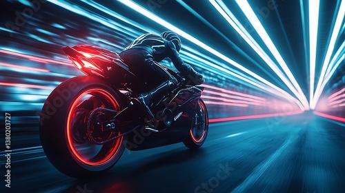 POV of riding a superbike through a tunnel filled with synchronized light strips, creating a pulsating rhythm of shadows and highlights, modern and sleek design throughout.
