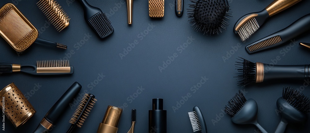 Professional hairdressing tools arranged in a circle on a dark gray background