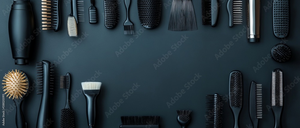 Professional hairdressing tools arranged in a circle on a dark gray background