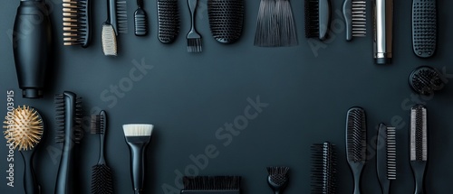 Obraz na płótnie Professional hairdressing tools arranged in a circle on a dark gray background w salonie