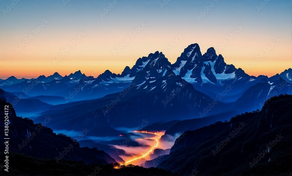 A majestic mountain range at dusk displays snow-capped peaks beneath an orange and blue gradient sky. Mist fills the valley below, illuminated by a light source. A majestic mountain range at dusk displays snow-capped peaks beneath an orange and blue gradient sky. Mist fills the valley below, illuminated by a light source.