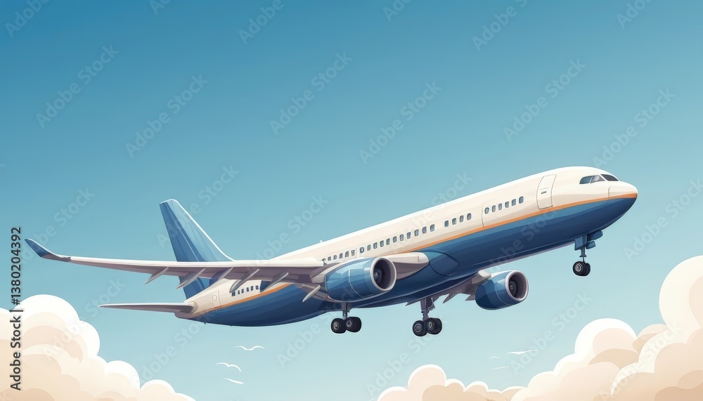 Obraz premium An artistic representation of an airplane soaring through the sky, illustrating the concept of travel and adventure with a bright blue backdrop.