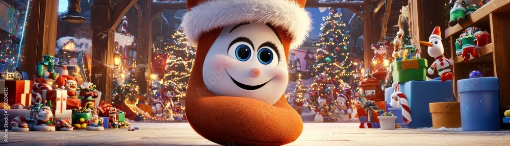 Obraz premium Joyful holiday celebration featuring a smiling character in a festive christmas scene with decorations and gifts