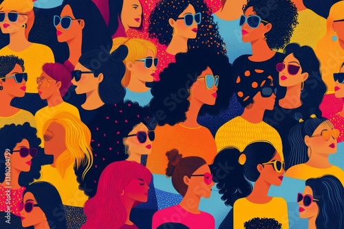 Seamless pattern with diverse female faces. Crowd of fashionable and stylish modern women. Colorful repeatable background with multiracial people. Diversity concept. Colored flat , Generative AI