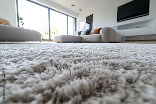 Low angle view emphasizing the texture of a soft, fluffy white carpet in a contemporary living room setting	
 photo