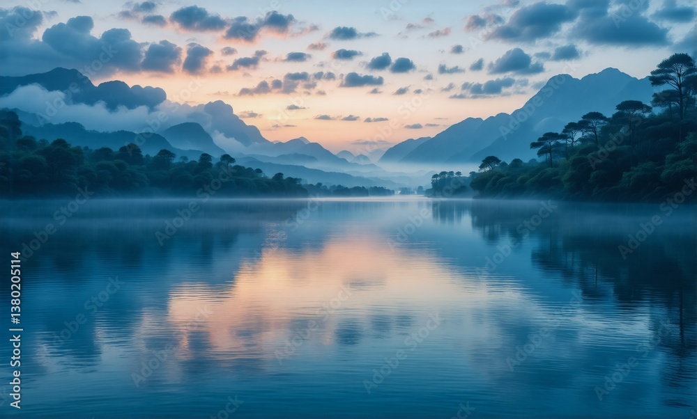 Serene landscape at dawn or dusk featuring a tranquil lake reflecting the soft hues of clouds and distant mountains. Misty air and lush trees enhance the peaceful scene.