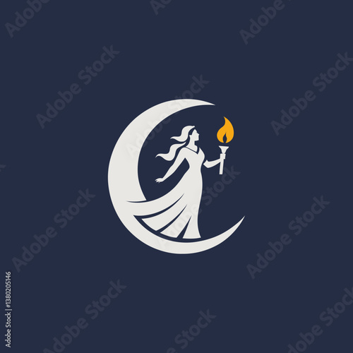 Woman with Torch Standing on Crescent Moon Icon