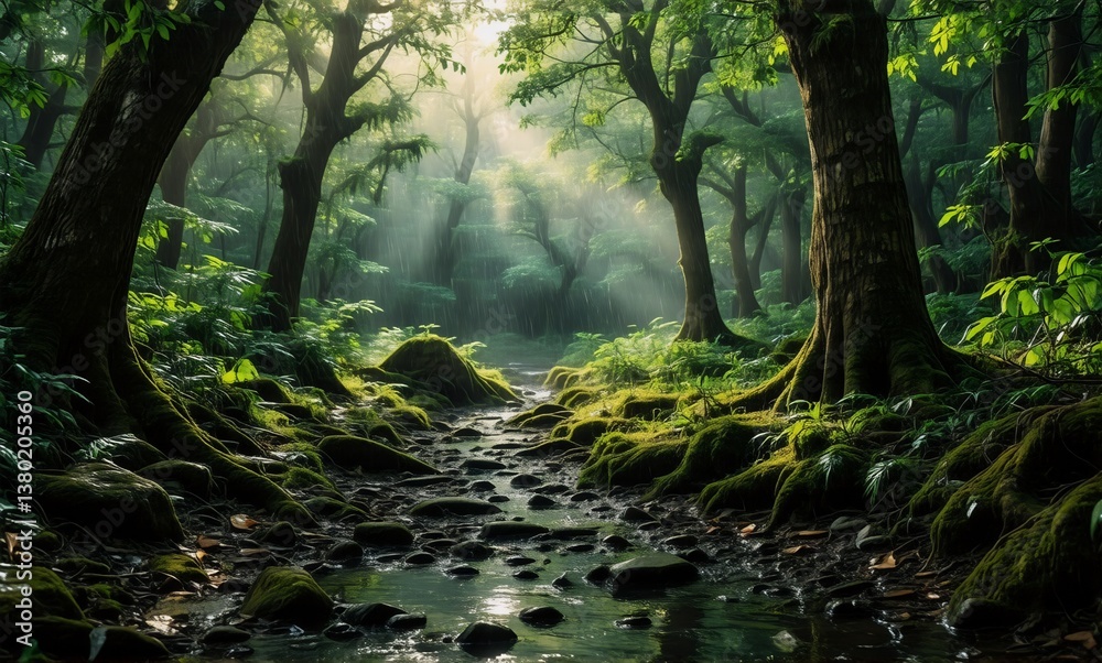 Obraz premium Lush green forest with sun rays filtering through the canopy, illuminating a pathway amidst trees and foliage. Tranquil nature scene.