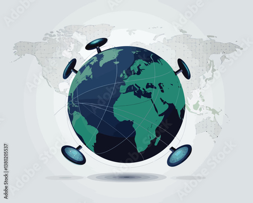 vector illustrative poster that celebrates global communication technology . Showcase a world travel by advanced communication systems.