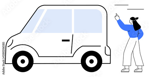Minimalist illustration of woman gesturing towards a small car for transportation. Ideal for travel, transport, car sharing, ride-hailing, mobility, commuting, city services themes. Flat simple