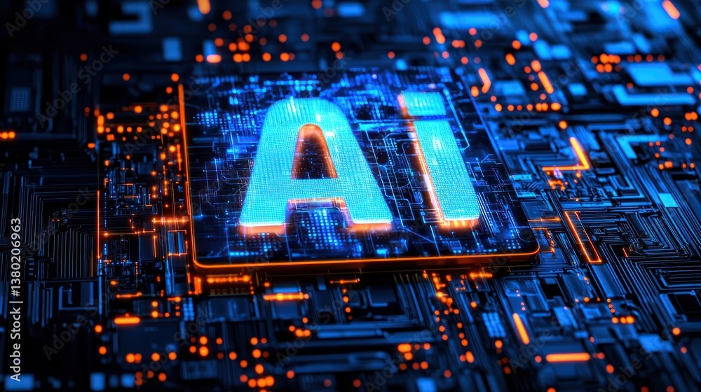 Obraz premium Colorful AI Model on Abstract Technology Background, Representing Efficiency and Innovation in Language Processing