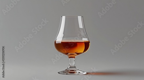 Refined glass for brandy, cognac, whiskey, and rum with rich amber liquid on neutral background