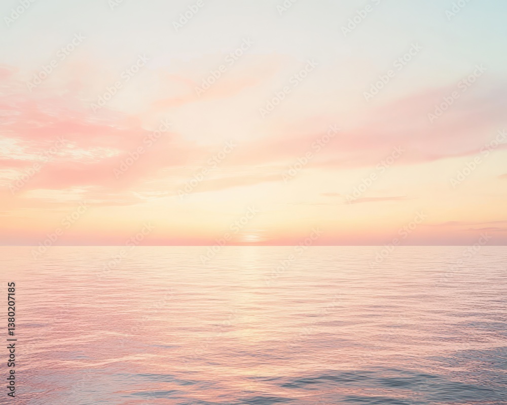 Obraz premium Dreamy summer sunrise over a still ocean, soft pastel pinks and oranges blending into the sky
