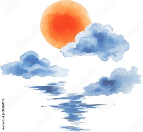 Vector watercolor illustration of clouds and river with orange sun in the sky on white background